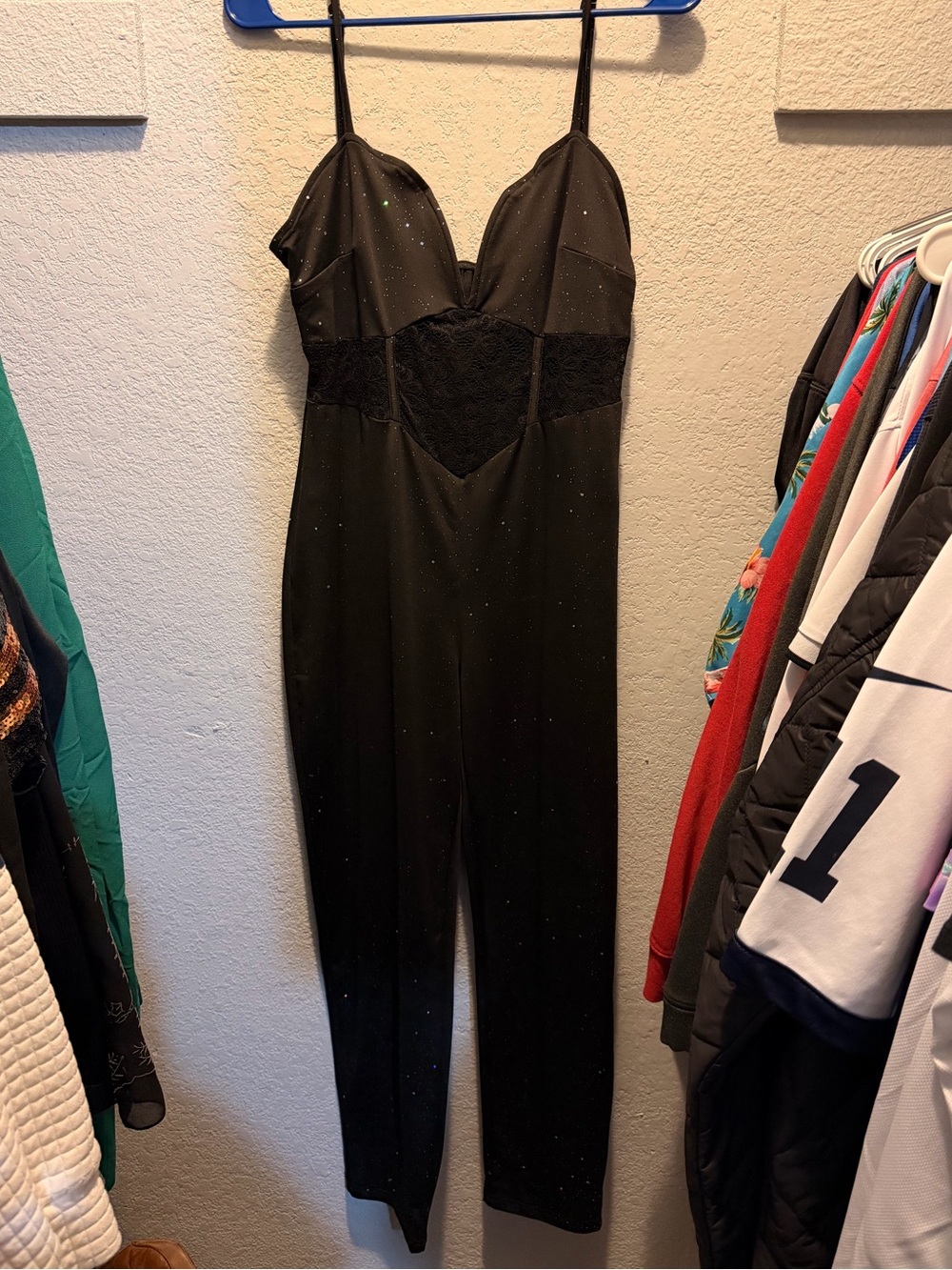 Black Sparkle Lace-Trim Jumpsuit with Adjustable Straps